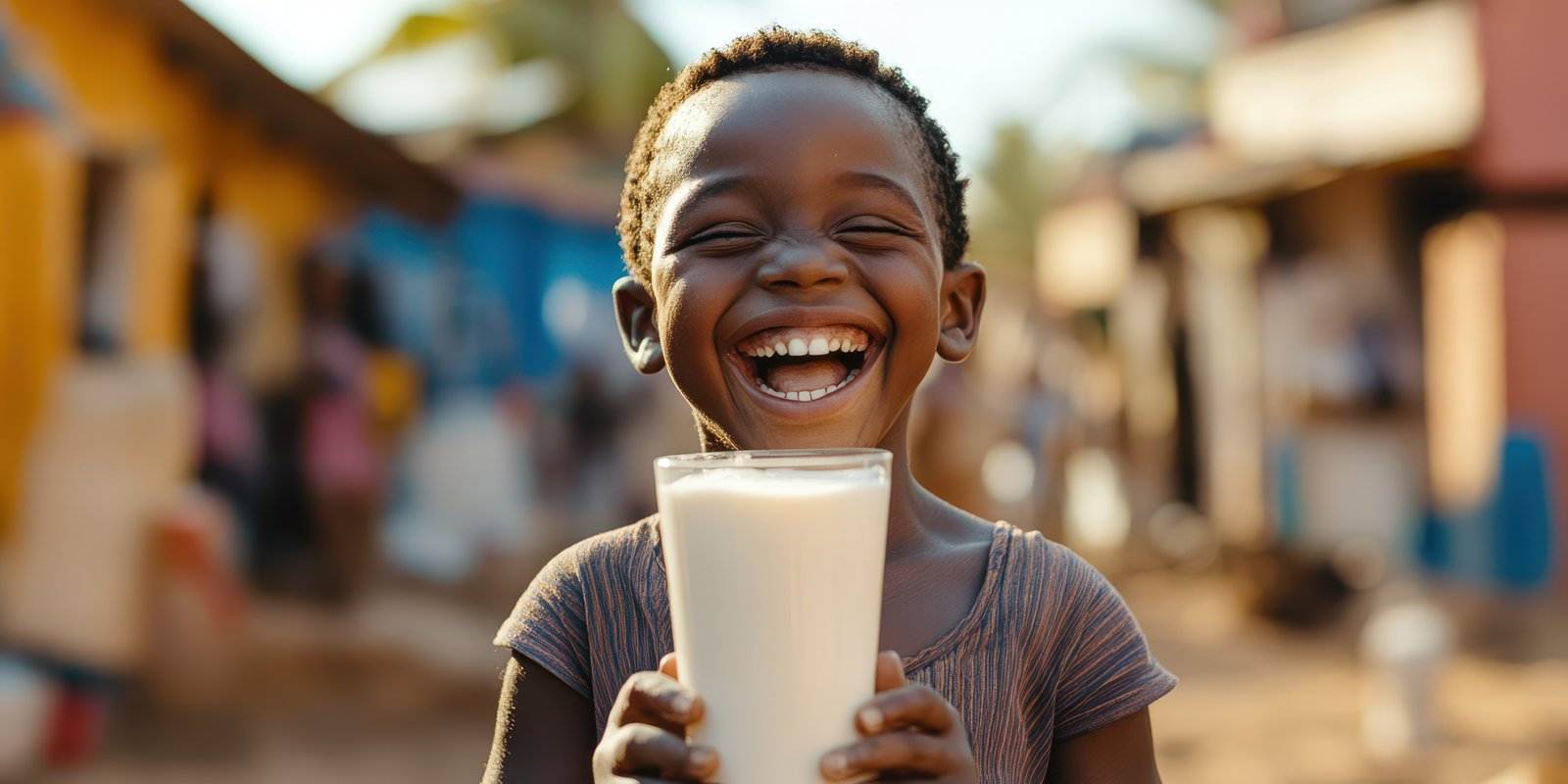 Child laughing while holding a glass of milk in a vibrant village during sunny afternoon